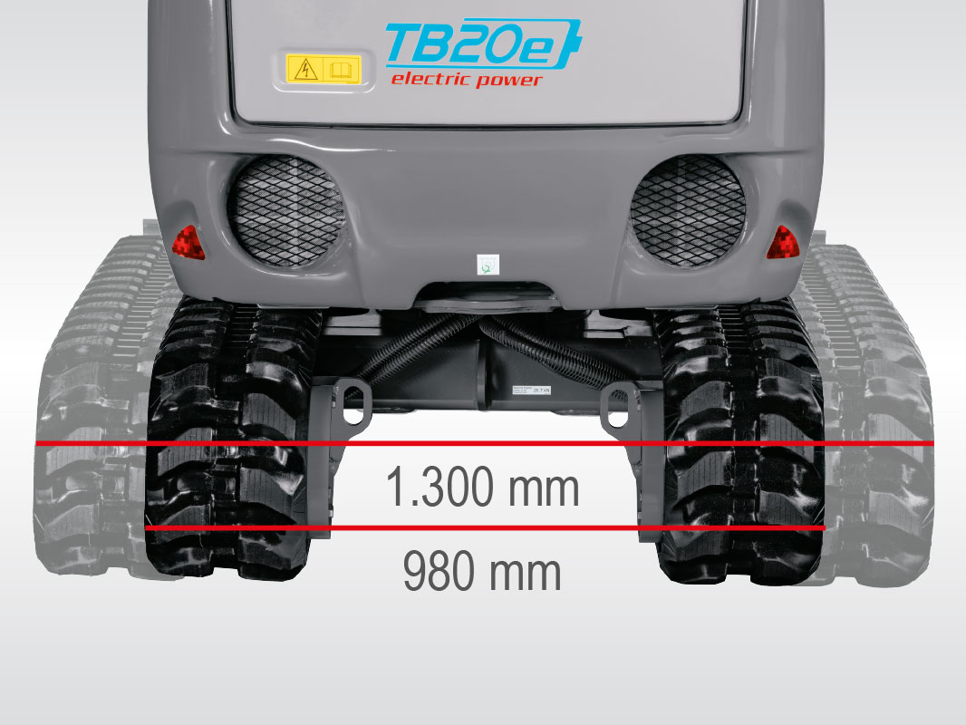 Heckansicht eines Takeuchi Minibaggers TB 20e mit verstellbarem Kettenfahrwerk, angezeigt mit Breiten von 980 Millimetern und 1.300 Millimetern