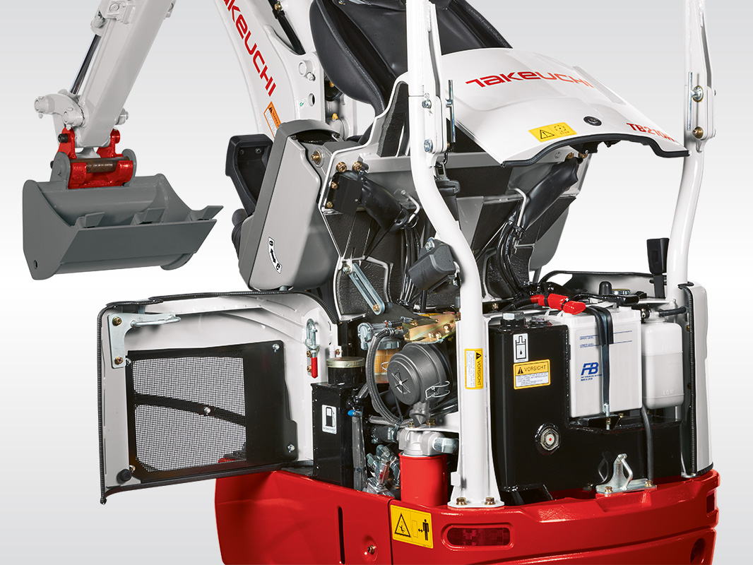 Oberwagen eines Takeuchi Baggers mit geöffneten Servicezugängen