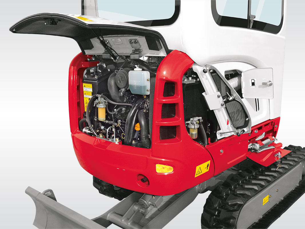 Oberwagen eines Takeuchi Baggers mit geöffneten Servicezugängen