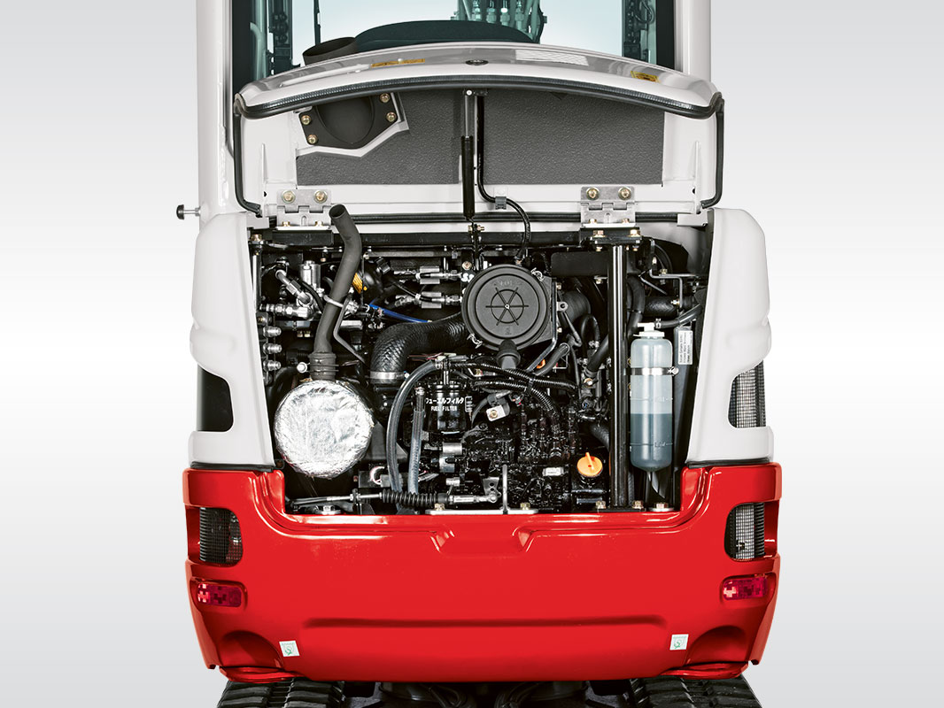 Heckansicht des Takeuchi Baggers TB 225 mit geöffnetem Servicezugang