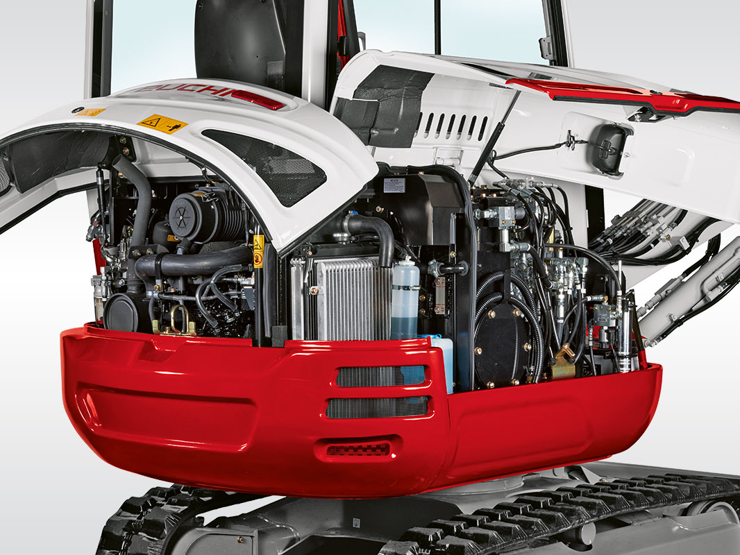 Oberwagen eines Takeuchi Baggers mit geöffneten Servicezugängen