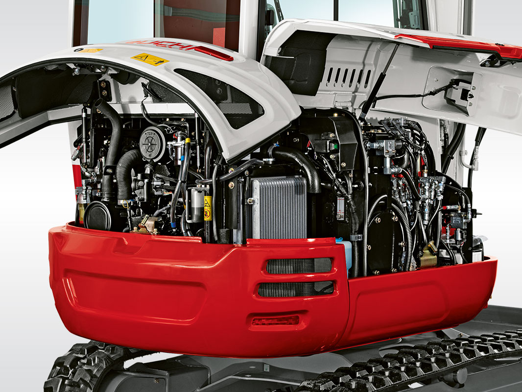 Oberwagen eines Takeuchi Baggers mit geöffneten Servicezugängen