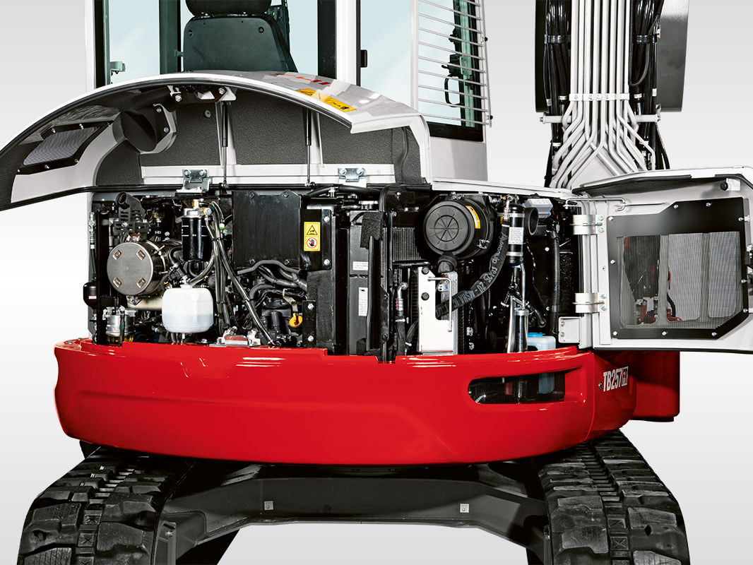 Oberwagen eines Takeuchi Baggers mit geöffneten Servicezugängen