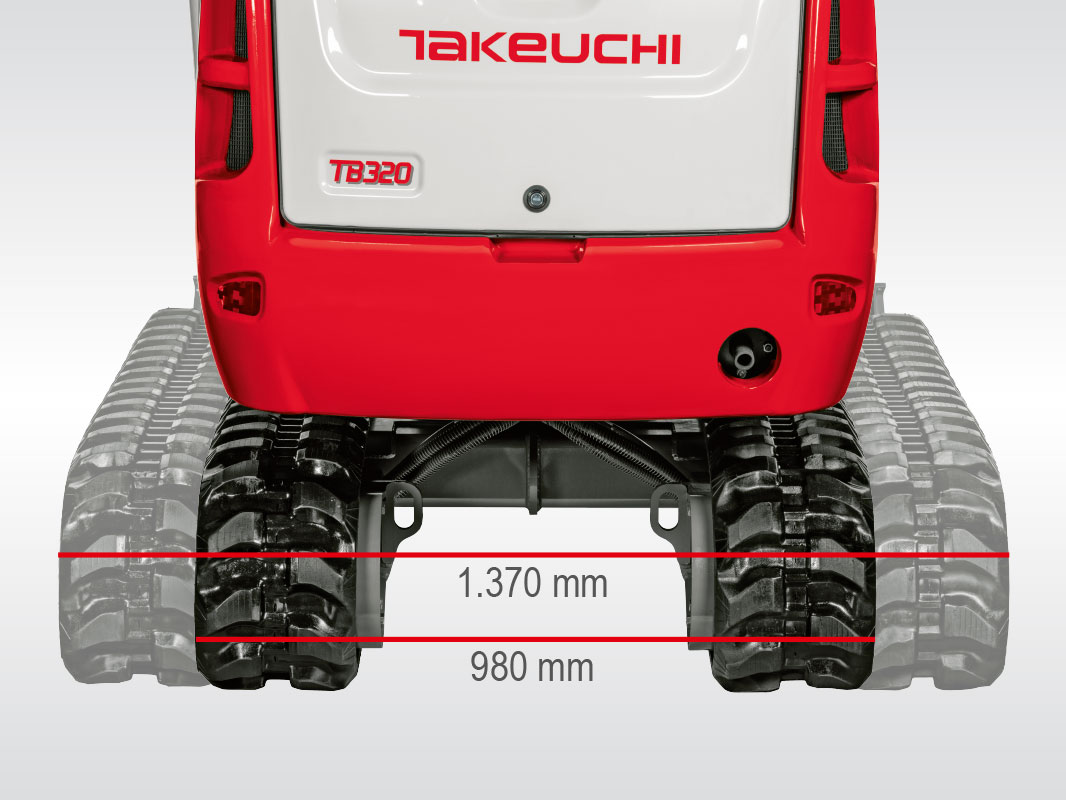 Heckansicht des TB 320 mit verstellbarem Kettenfahrwerk, angezeigt mit Breiten von 980 Millimetern und 1.370 Millimetern