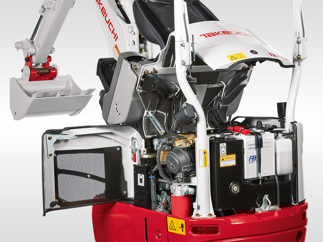 Oberwagen eines Takeuchi Baggers mit geöffneten Servicezugängen