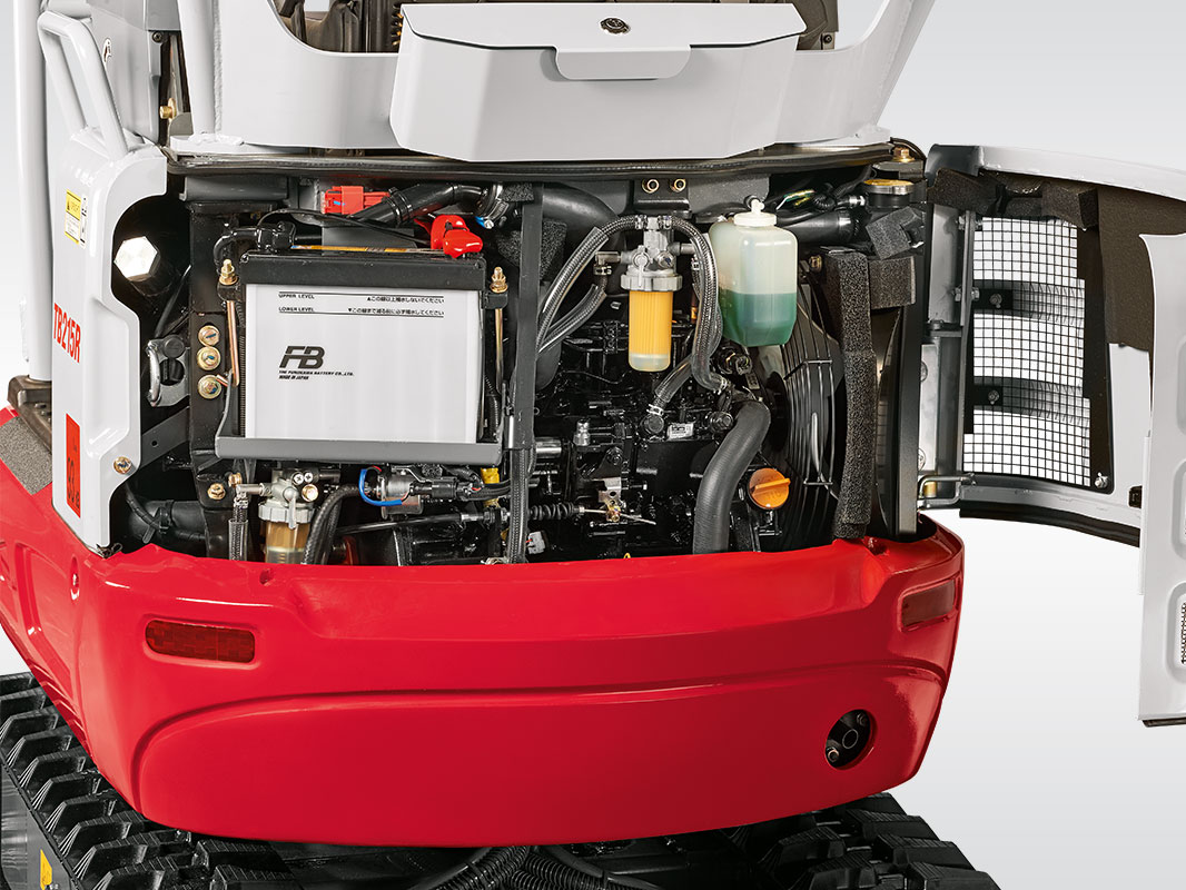 Oberwagen eines Takeuchi Baggers mit geöffneten Servicezugängen