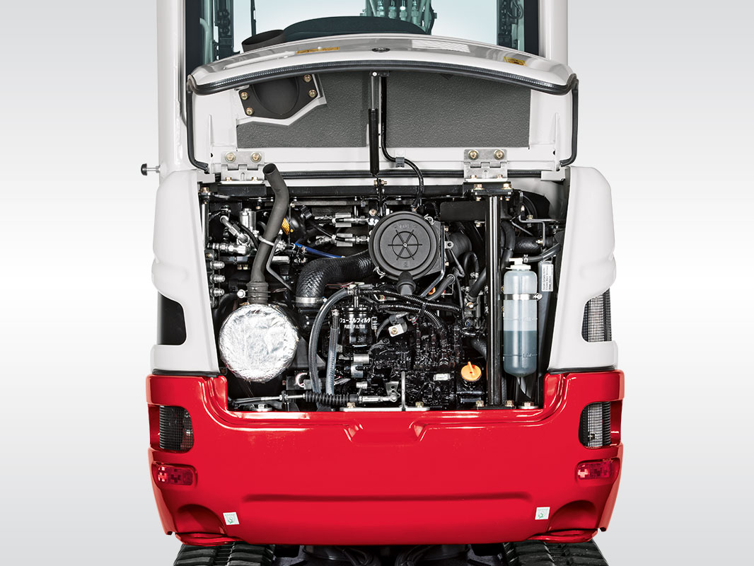 Heckansicht des Takeuchi Baggers TB 225 mit geöffnetem Servicezugang