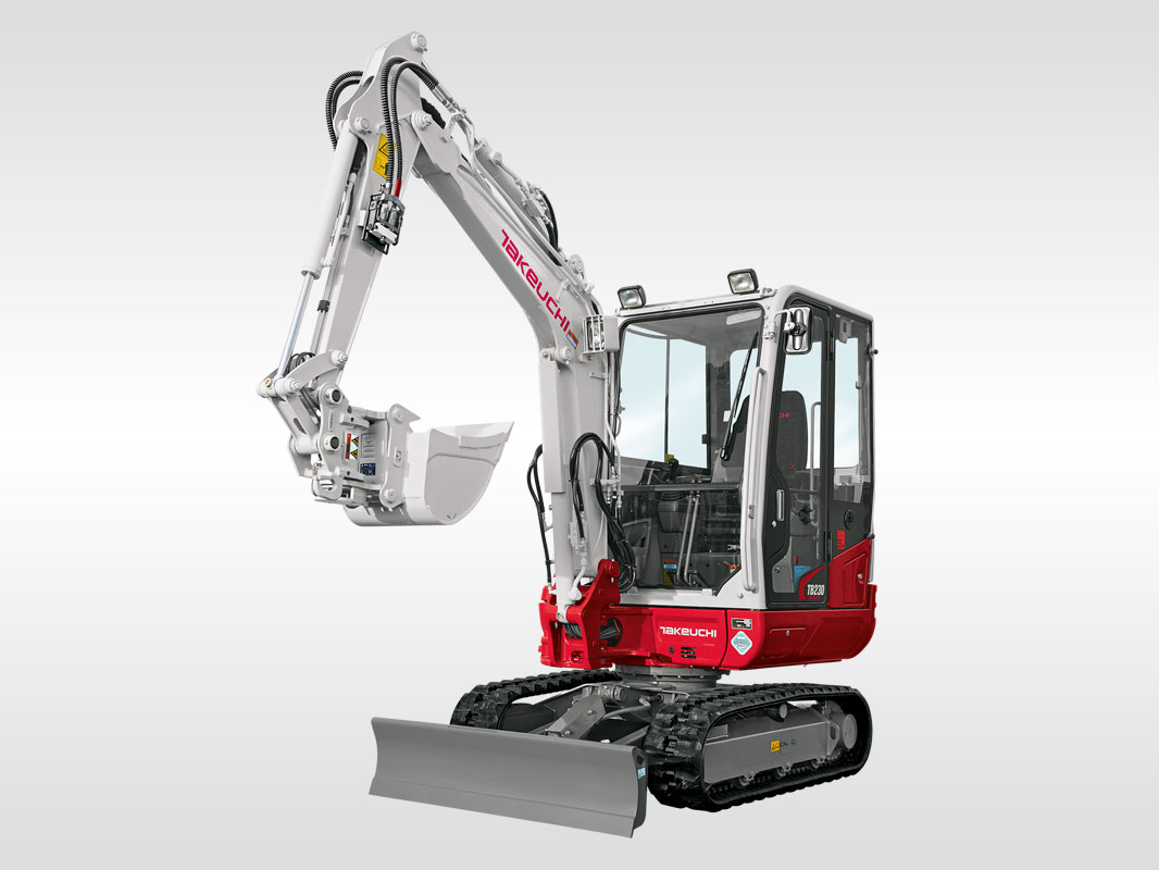 Rot-weißer Takeuchi Minibagger TB 230 mit Kettenfahrwerk, seitlich von links fotografiert