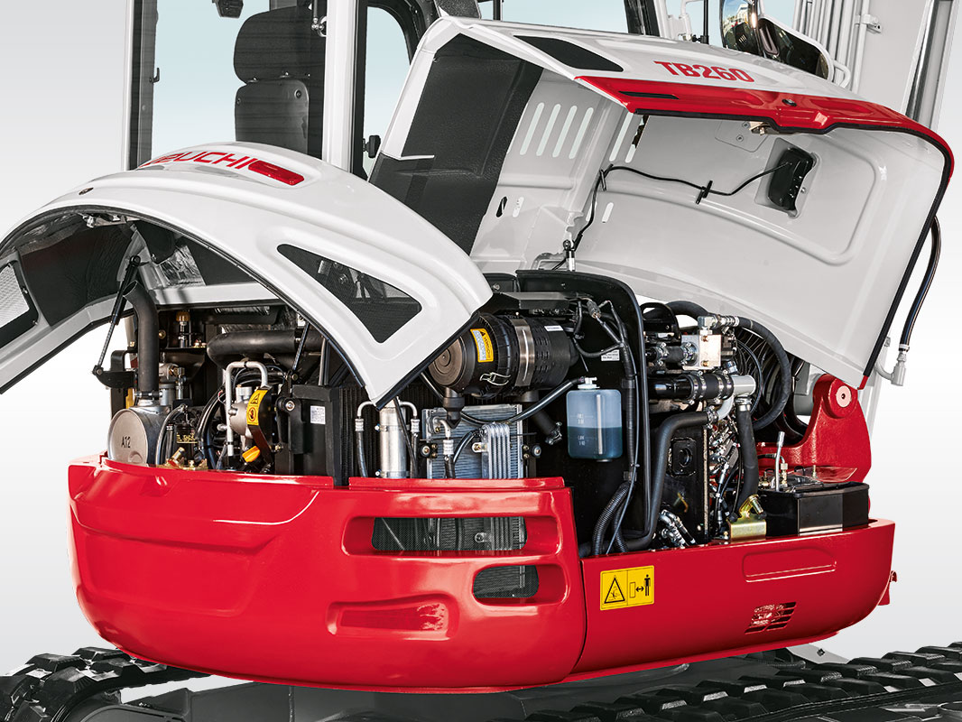 Oberwagen eines Takeuchi Baggers mit geöffneten Servicezugängen