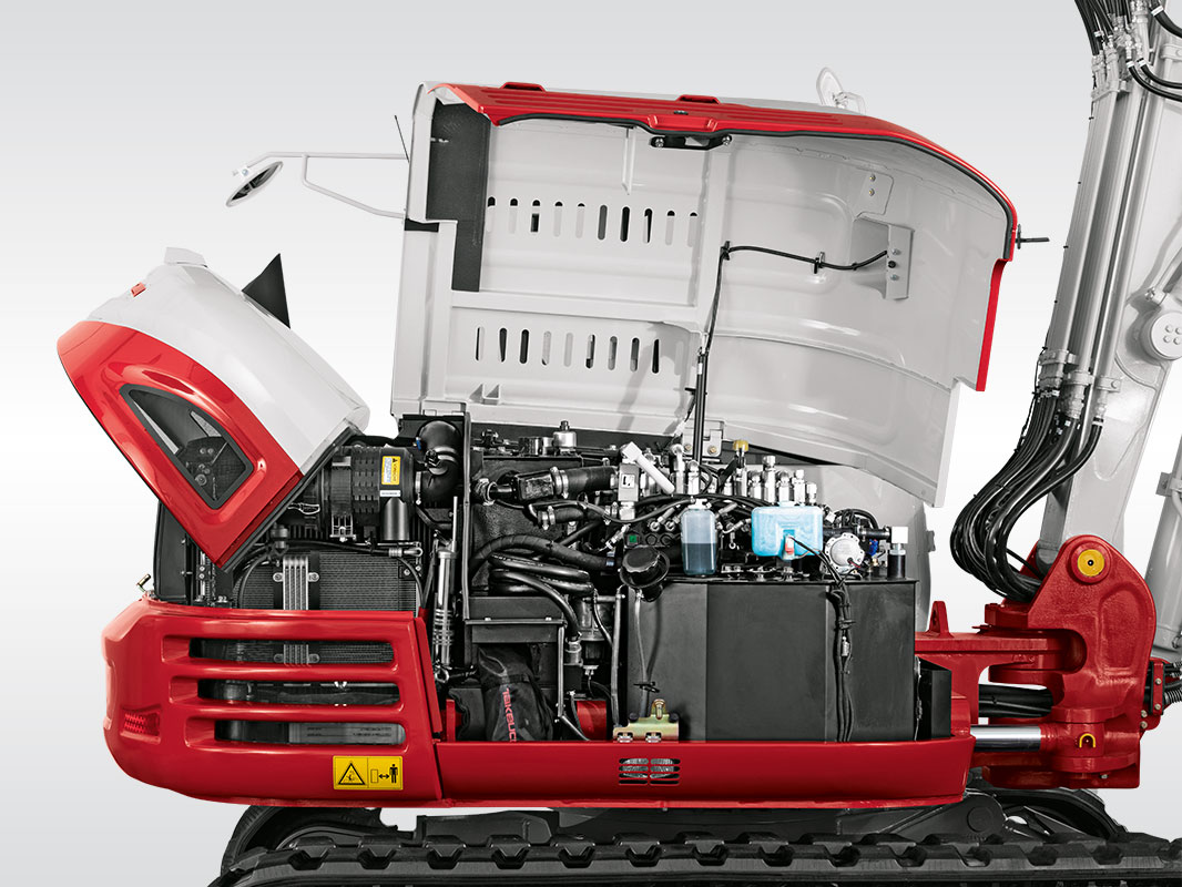 Oberwagen eines Takeuchi Baggers mit geöffneten Servicezugängen