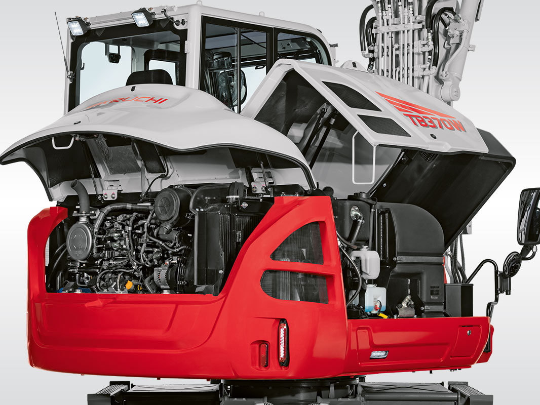 Oberwagen eines Takeuchi Baggers mit geöffneten Servicezugängen