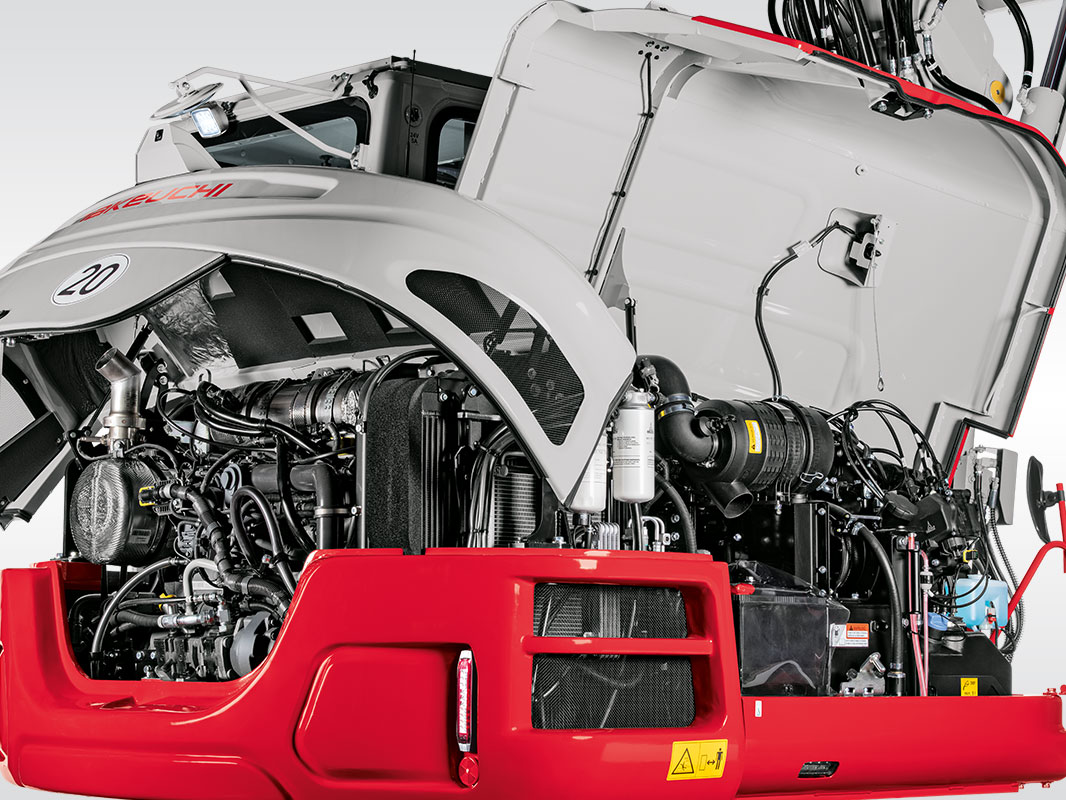 Oberwagen eines Takeuchi Baggers mit geöffneten Servicezugängen
