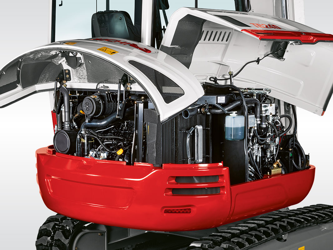 Oberwagen eines Takeuchi Baggers mit geöffneten Servicezugängen