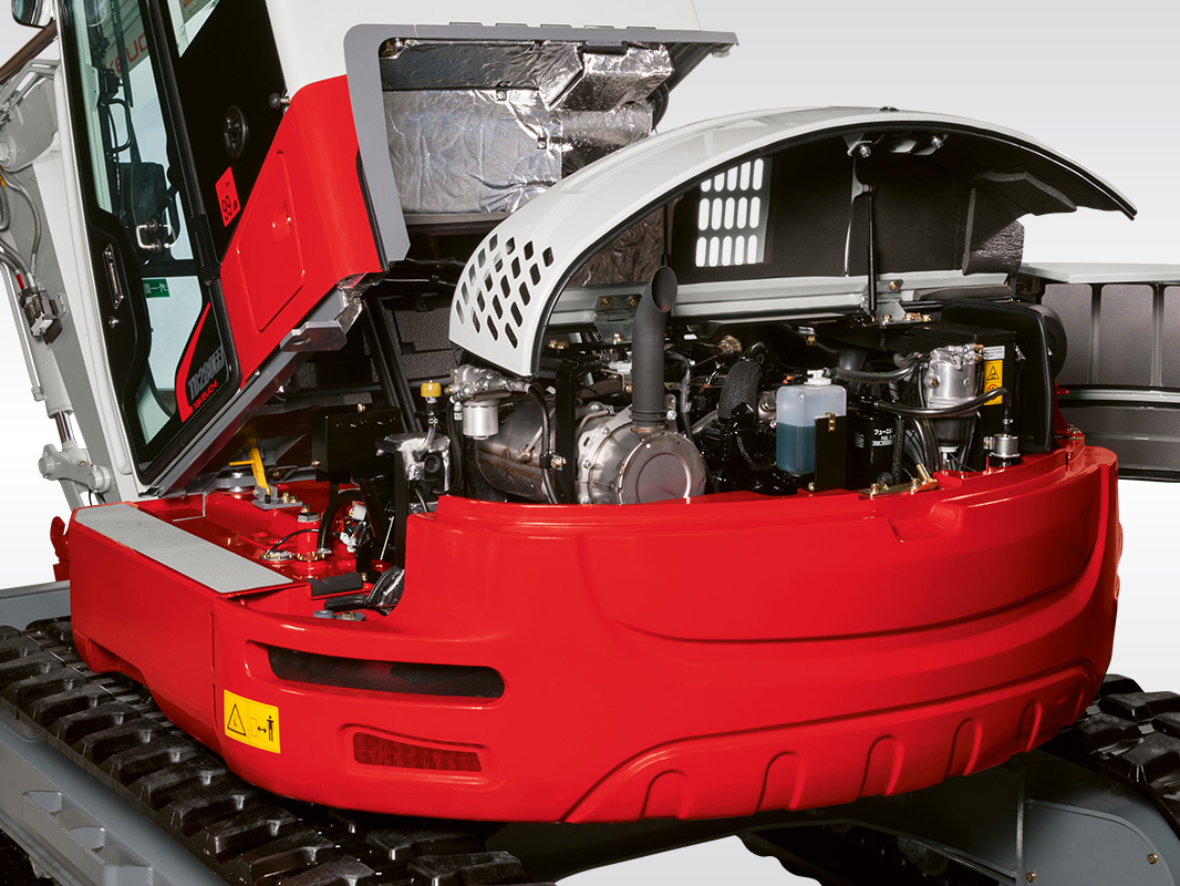 Oberwagen eines Takeuchi Baggers mit geöffneten Servicezugängen